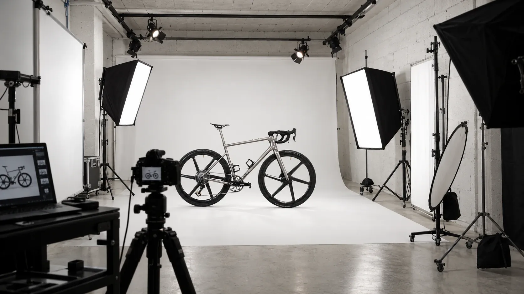 A titanium road bike on the white backdrop of the photo studio, between softboxes, with the camera and the laptop in front.